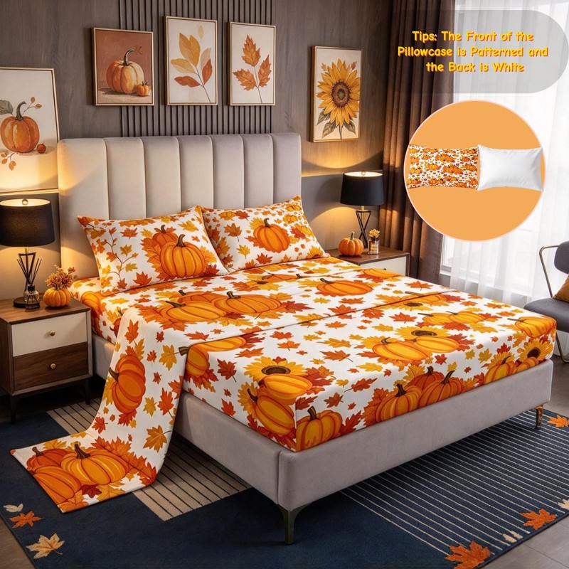 Fall Pumpkin Bed Sheets Queen Autumn Maple Leaves Bedding Set