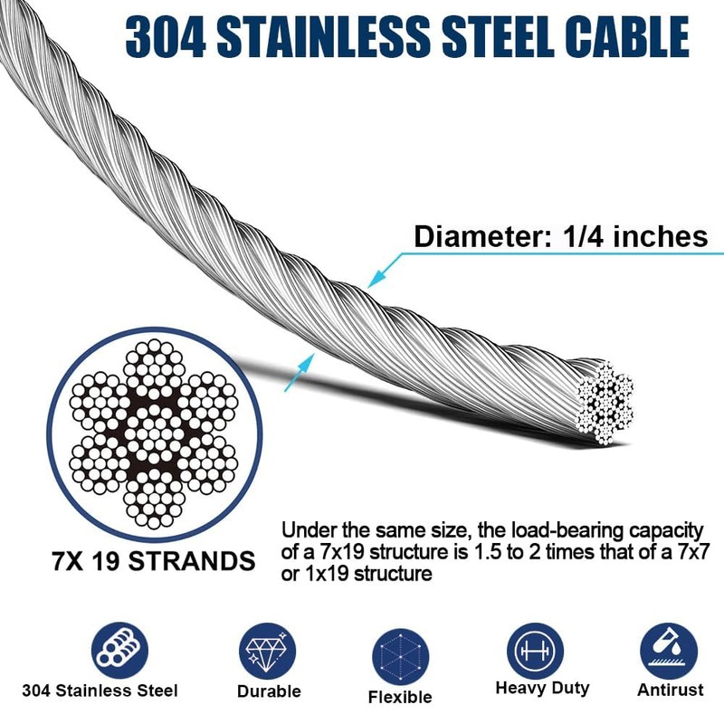 1/4 Wire Rope Kit, 100ft Stainless Steel Cable, 4Pcs 1/4