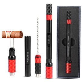 Phoelux Cigar Punch Multitool 4-in-1 Cigar Draw Enhancer Tool, Twin Needle, Retractable and Screw Out Cigar Double End Punch-2 Size Blades Cigar Hole Opener with Gift Box (Red Black)