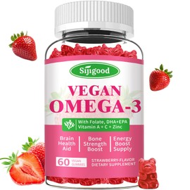 Omega-3 Gummies Potent Algae Omega Source, Boost Brain, Eye & Immune Function, with DHA and EPA Vegan & Sugar Free, Strawberry Flavor, 60 Count