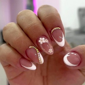 MERVF Almond Press on Nails Medium Fake Nail White French Tip Glue ons 3D Flower Charms Stiletto Acrylic Rhinestones Manicure Glossy 24pcs