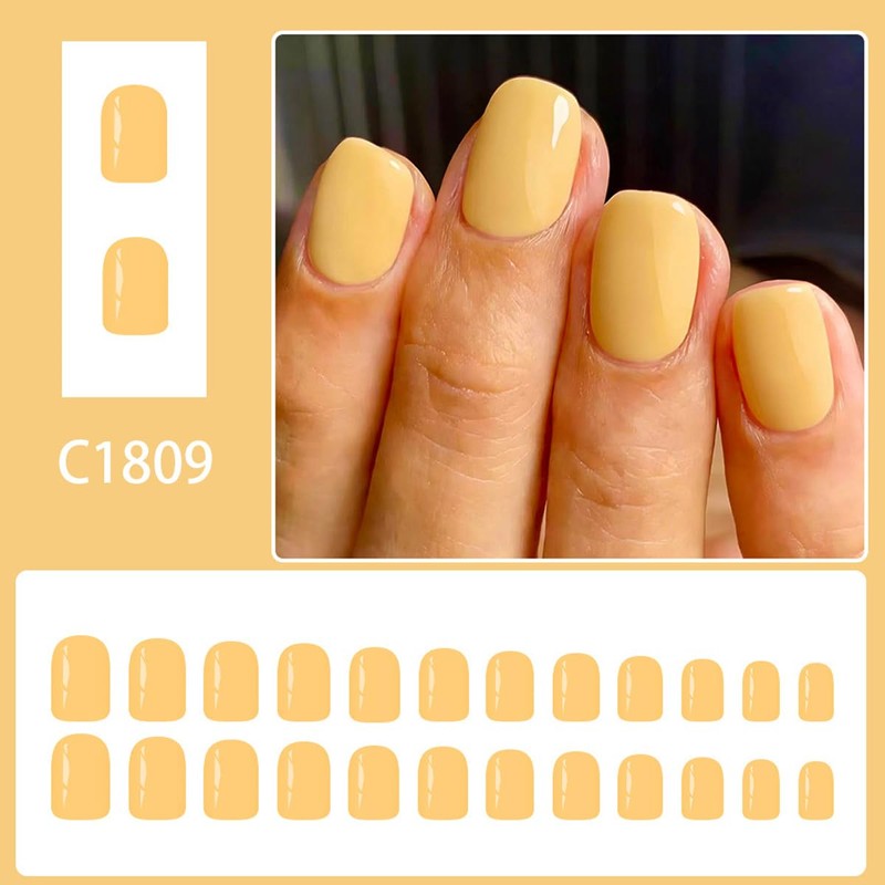 Yellow Press on Nails Short Square Fake Nails Glossy Solid