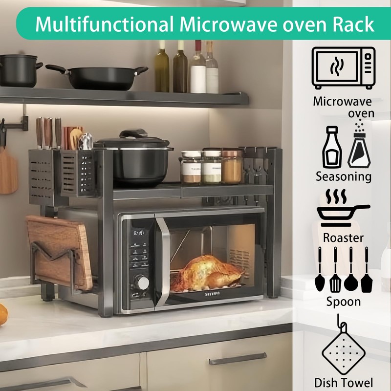 Adjustable Microwave Oven Rack, Microwave Stand Shelf Heavy Duty 2-Tier