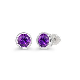 925 Sterling Silver 4mm Round Bezel Set Natural Purple Amethyst February Birthstone Screwback Stud Earrings