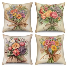 ASDCXZ Pillow Cover Retro Flowers 40x40 cm 4er Set, Vintage Flower Leaves Sofa Cushion Covers Cushion Cover Washable Polyester Flax Textile Outdoor Upholstery Pillow Cover Cushion Cover