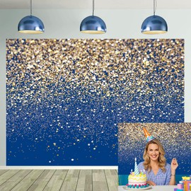 Blue Gold Glitter Backdrop Gold Spots Bokeh Photography Backgroudn for Kids Adult Wedding Prom Baby Shower Birthday Party Decorations Background (Blue, 7x5ft(84''x60''))
