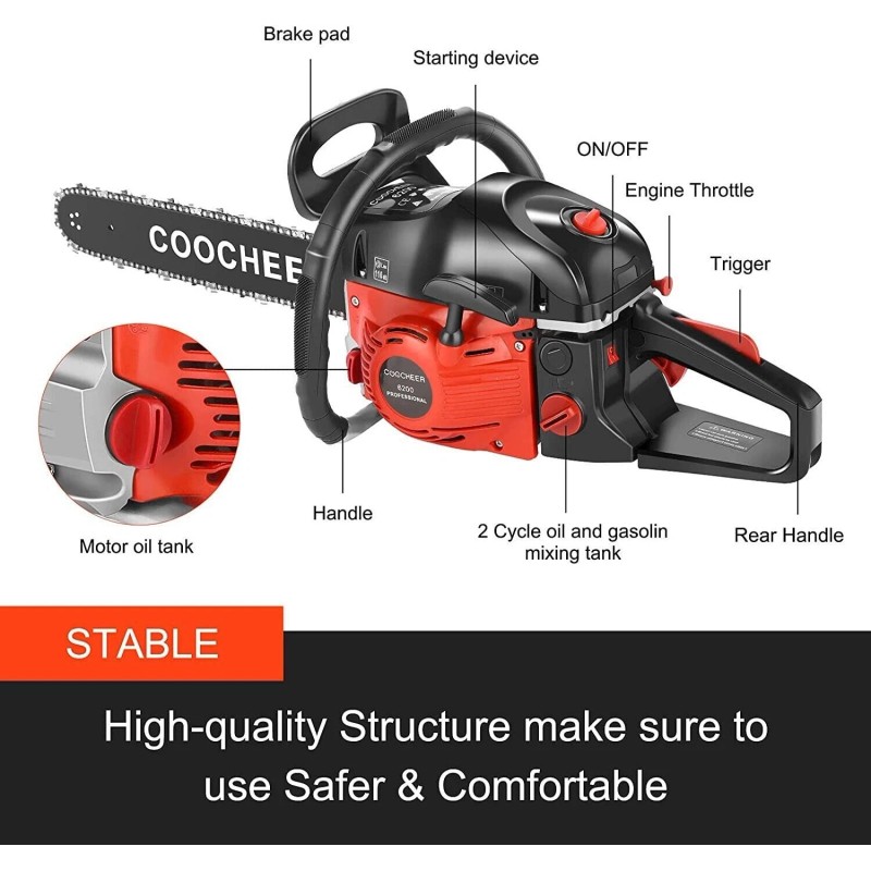 COOCHEER 62CC 20' Gas Chainsaw Handed Petrol Chain Wood Cut