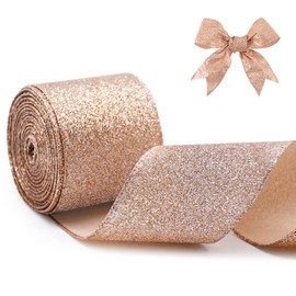 2.5"X 10 Yards Christmas Ribbon for Gift Wrapping, Metallic Glitter Wired Ribbon for Christmas Tree, Garland, Wreath, DIY Crafts Ornaments, Xmas Decorations Holiday Party Decor (Rose Gold)