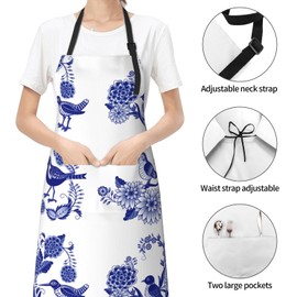 Wisedeal Blue and White Bird Waterproof Bib Apron with 2 Pockets, Adjustable Kitchen Chef Apron for Men Women Cooking Bbq