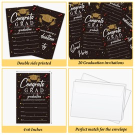 AWDSTN Gold Black Graduation Invitation with Envelopes, 20 Set Congrats Grad Graduation Announcements Grad Party Invites 2025 For College Junior High School Masters Grad Celebration -03