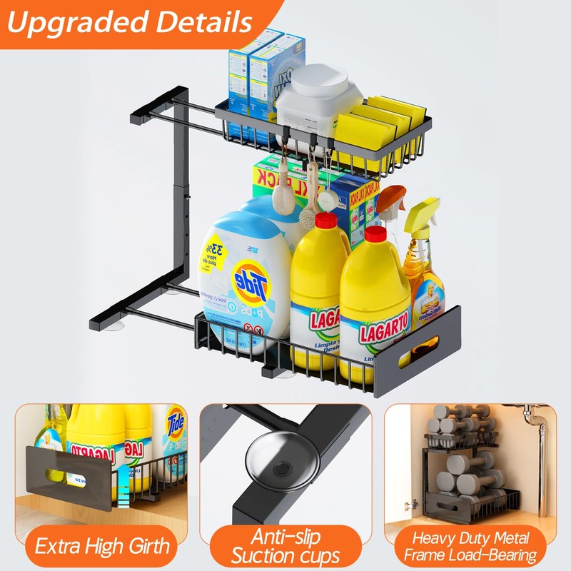 ADBIU Under Sink Organizer(10 Seconds Installation), 1 Pack 2 Tier