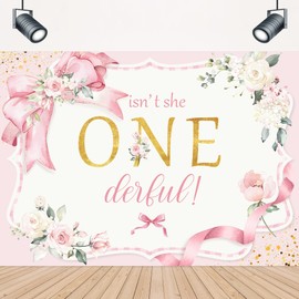 LIGHTINHOME Isn't She Onederful Backdrop 7Wx5H Feet Sweet One Pink Floral Bow Newborn Baby Girl First Birthday Photography Background 1st Birthday Party Decorations Photo Booth Studio Prop Fabric