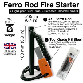 aZengear Survival Flint Fire Starter Kit, Thick Ferro Rod (4" x ⌀ 2/5") with Comfy Steel Striker, Paracord Lanyard String for Camping, Bushcraft