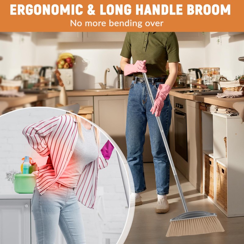 VOOWO Broom with Dustpan Combo Set, 46" Stainless Steel Broom