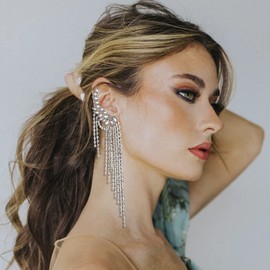 EVER FAITH Angel Wings Ear Climber with Long Tassel Stud Earrings Sparkling Rhinestone Crystal Ear Crawler Earrings Chandelier Gold Tone, Crystal