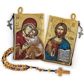 Rosary Pouch with Olive Wood Catholic Rope Rosary from Israel, Virgin Mary Sweet Kiss & Jesus King of The Universe, Woven Fabric Tapestry Style Icon Travel Bag, Religious Catholic Gift Set
