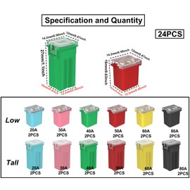 HAXIHA 24 Stück Jcase Blocksicherung Low und Tall Profile Auto Sicherung 20A/30A/40A/50A/60A/ 80A,Auto Micro Sicherungen,für Pickup Trucks Autos and SUVS