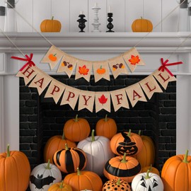 3 Pieces Happy Fall Thankful Burlap Banner Thanksgiving Fall Harvest Autumn Decorations Pumpkin Maple Leaf Acorn Banner for Thanksgiving Hanging Decoration