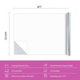 WRTUUED Holographic Metallic Heat Transfer Vinyl Roll 12" x 5ft – Soft TPU Iron On Vinyl, High Stretch & Washable HTV for T-Shirts, Fabric, Cricut & Silhouette Cutting Machines (Laser Sliver)