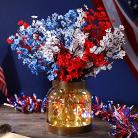 Knitgrip 1 Set Patriotic Artificial Flowers with Glass Vase Red Blue White Baby Breath Decoration 4th of July Rustic Clear Lights Vase for Independence Day Floral Arrangement Table Centerpieces Gifts