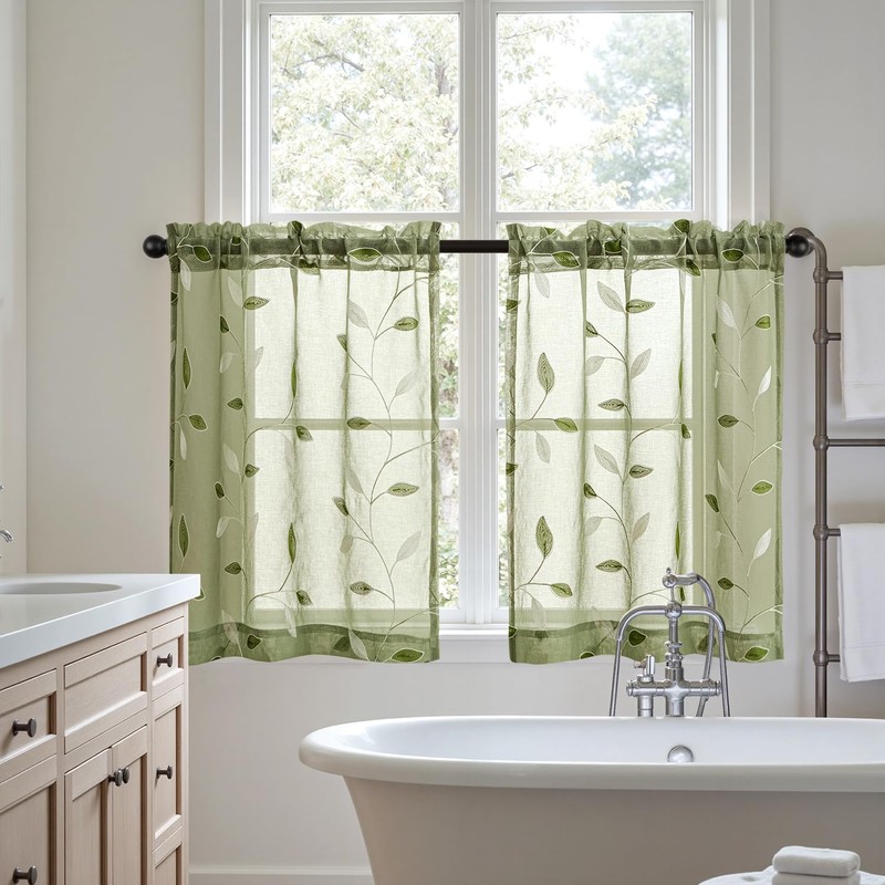 MIULEE Sage Green Sheer Curtains 2 Panels Embroidered Leaf Patterned