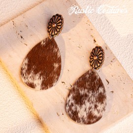 Rustic Couture's Western Cowhide Earrings for Women Cowgirl Teardrop Oval Dangling Western Jewelry RCE-1065BZ