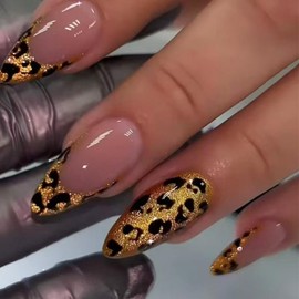 Leopard Press on Nails Gold Glitter Fake Nails Medium Almond False Nails with Design Nude Glue on Nails Artificial Acrylic Nail Full Cover French Tip Stick on Nails for Women Nail Art Decoration 24Pcs