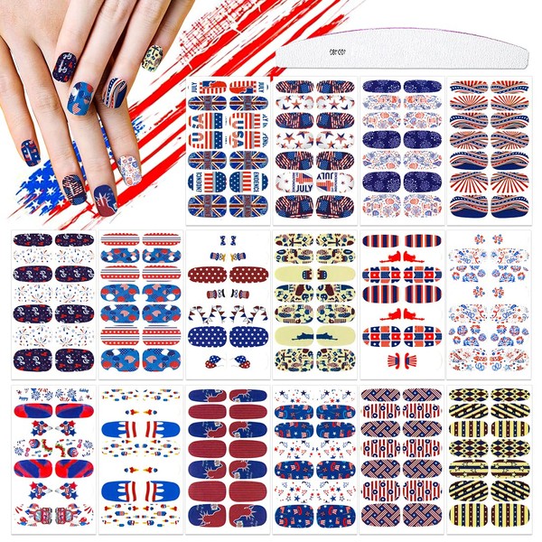 XEAOHESY 16 Sheets Women's Nail Wraps Patriotic American Flag Nail Polish Strips Independence Day Nail Strips Self-Adhesive Nail Stickers with Nail File for Memorial Day