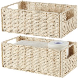 Vagusicc Storage Basket, Set of 2 Wicker Basket, Hand-Woven Paper Rope Storage Baskets for Organizing, Foldable Rectangular Cube Storage Organizer Bins Baskets for Shelves & Decor, Beige