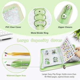 Ruatu Sticker Organizer Binder - Reusable Sticker Collecting Book Storage Album Holder with Pocket Pages A5 Zipper Cover Collection Container (Green)