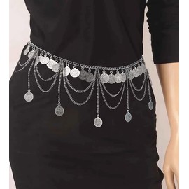Gold Silver Coin Pendant Waist Chain Tassel Layered Chain Belt Waist Jewelry for Women, Silver, 41.3