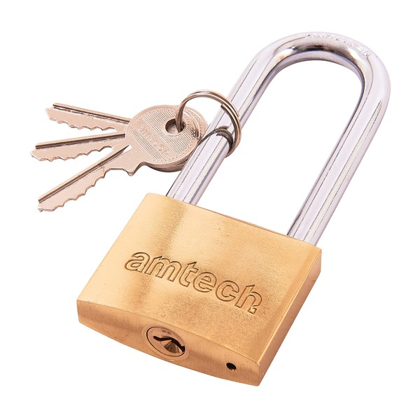 Amtech, T1600C, Solid Brass Long Shackle Padlock, Small Padlock with