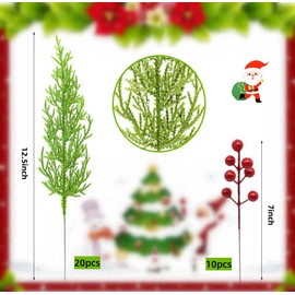 30 Pcs Christmas Artificial Pine Branches with Red Berry Stems, Christmas Greenery Stems Pine Stems, Fake Foliage Pine Needles Picks Cedar Sprigs Stems for Christmas Garland Home Decor (30)