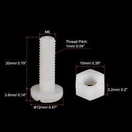 sourcing map 20 Pairs Nylon Screw Nut Set for Machines Electronics M6 x 20 mm Flat Head Screws with Slotted & M6 Hex Nuts White