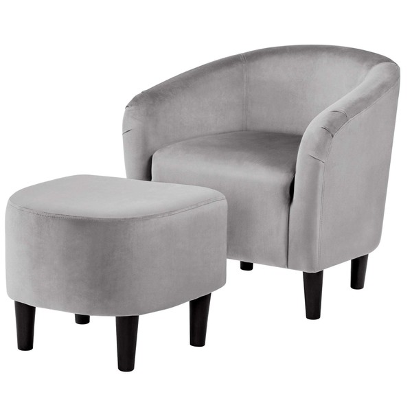 Yaheetech Accent Barrel Chair and Footrest Living Room Chair Chaise Lounge Living Room Set Furniture with Footstool Velvet Gray