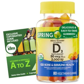 Vitamin D3 Gummies 2000 IU (50 mcg), 80 Count – Bone & Immune Health Support – Assorted Fruit Flavors, Vegetarian, Non-GMO, Organic Supplement + Bonus Better Idea Guide Included