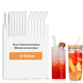 Pack of 18 Reusable Glass Straws, 6 Long Straight Glass Straws, 12 Curved Drinking Straws for Juice (with 2 Brushes)