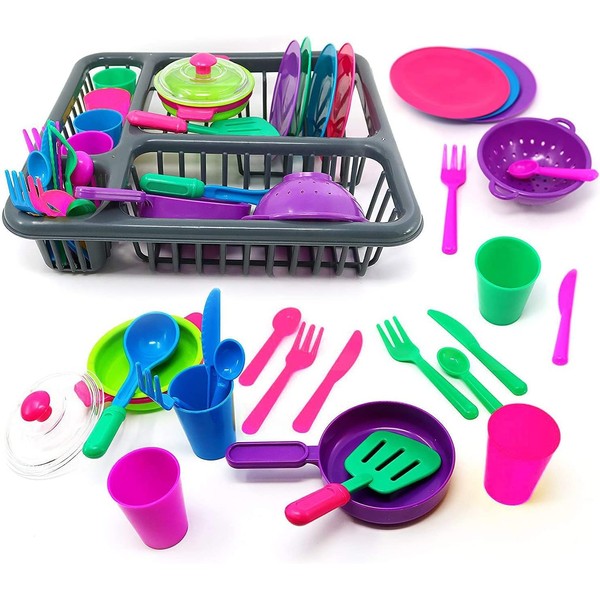 Kids Role Play Toy Set Kitchen Accessories Dish Washing Drainer 27 Pieces for Play Kitchen, Pots and Pans Plates Cutlery Playset