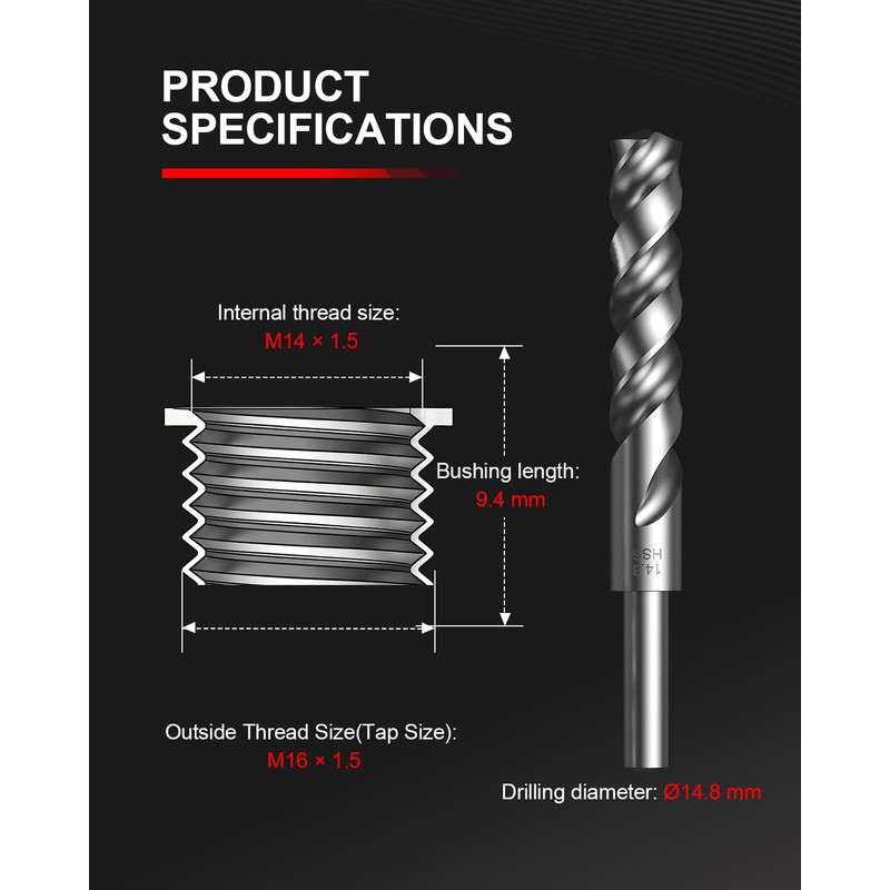 M14x1.5 Thread Repair Kit, 10 Solid 304 Stainless Steel Inserts