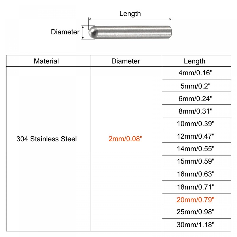 sourcing map 2x20mm Dowel Pins, 20pcs 304 Stainless Steel Round
