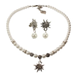Alpenflüstern Traditional costume jewellery set: pearl necklace and pearl earrings in rhinestone edelweiß - Ladies costume jewellery, Dirndl necklace and traditional costume earrings in black and cream white, SET013, Base Metal
