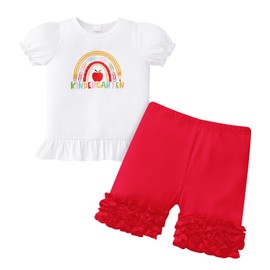 ODASDO Girls Back To Scool Outfit First Day of Kindergarten Graduation Shirt Kurzarm T-shirt Cotton Tops Tee Icing Ruffle Shorts Pants Set Preschool Graduation Clothes Casual Playwear Red 6-7 Years