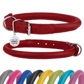 Rolled Leather Dog Collar Soft Round Collars, ID Tag for Small Medium Large Dogs (9-12 inch, Imperial Red)
