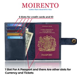 Moirento UK Leather Passport Cover, RFID Blocking Travel Document Wallet Holders British Navy Blue (Navy-Tab)