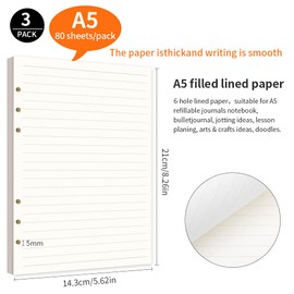 3 Pack / 240 Sheets Horizontal Line Paper A5 Refill Paper Refill Paper 6 Holes Replacement Sheets for Filofax A5 Notebook Diary Sketch Painting