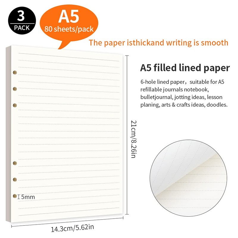 3 Pack / 240 Sheets Horizontal Line Paper A5 Refill