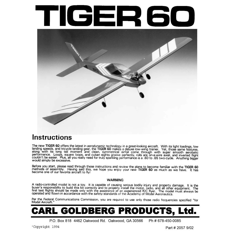 Carl Goldberg Model Airplane Plans (RC): TIGER 60 70" Wingspan