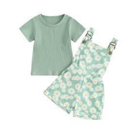 Lucikamy Toddler Baby Girls Summer Outfit Short Sleeve Ribbed Tops + Flower Suspender Overalls Shorts Set Kids Cute Clothes (Green-Daisy, 2-3 Years)
