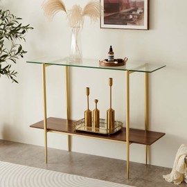 LumFurn Glass Console Table for Living Room, Foyer & Entrance, 2-Tiers Mid-Century Modern Sofa Table with Clear Glass Top, Walnut Finish Wood Top and Gold Finish Metal Frame