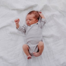 Organic Cotton Rib-Knit Baby Sleepsuit with Long Arms - Grey, 3-6 MTHS
